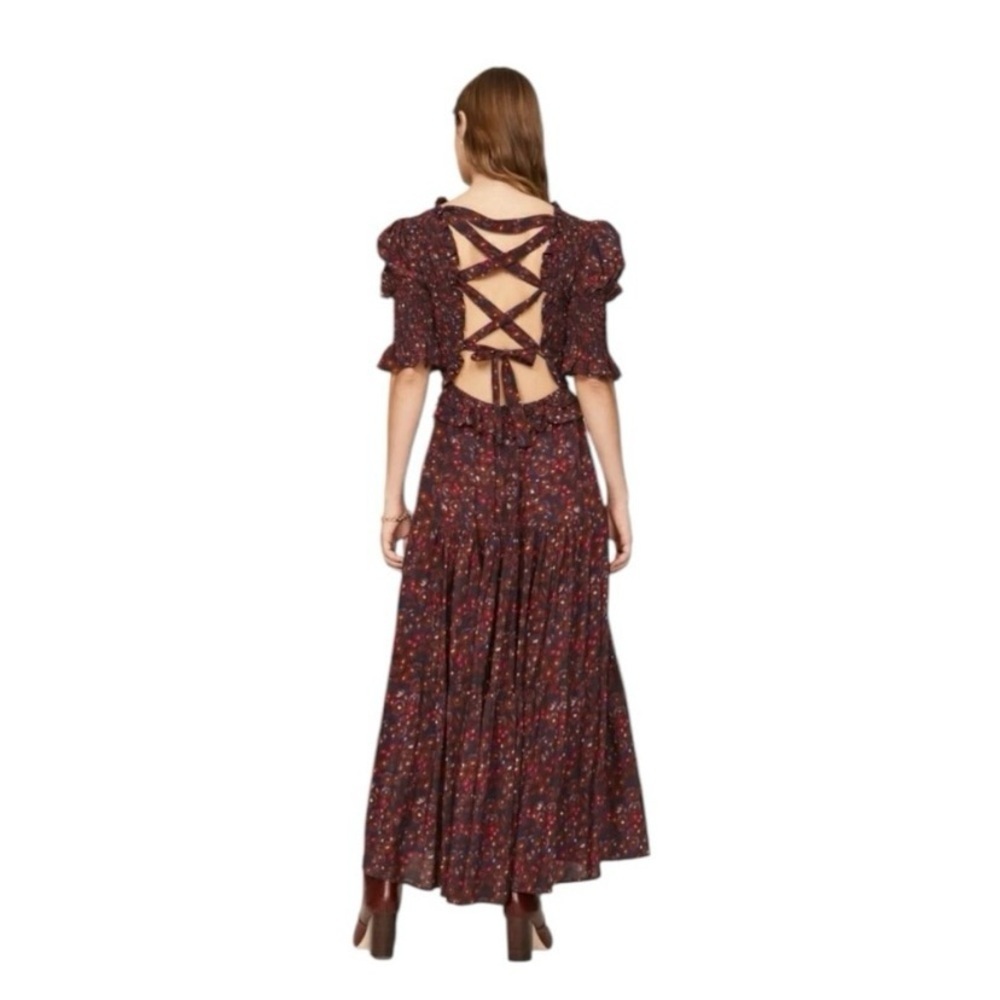 Sea New York Ilana Midi Dress Smocked Puff Sleeve Open Tie Back Floral Print M